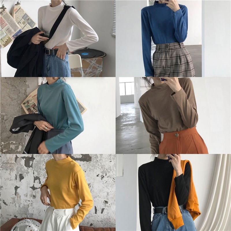 Áo Thun Ôm Tay Dài Cổ Lọ Màu Trơn Thời Trang Đơn Giản Dành Cho Nữ