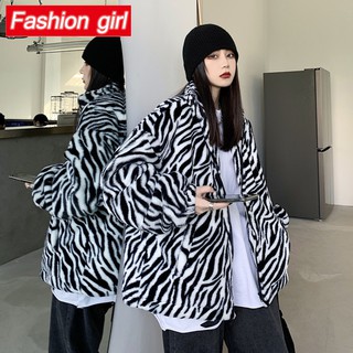 Áo Khoác Cotton Đệm Cotton Lông Cừu Dày Dáng Rộng In Họa Tiết Ngựa Vằn Phong Cách Hàn Quốc Thời Trang Mùa Đông Cho Nữ