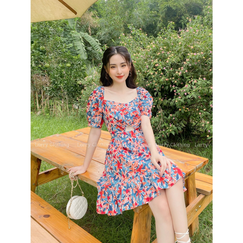 Đầm thiết kế nữ váy ngắn cổ vuông tay bồng chiết eo chất thô hoa Hàn Quốc thời trang thiết kế Larry Clothing V624