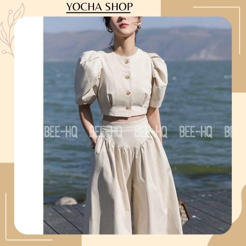 Set áo tay bồng kem quần suông giả váy có cạp chun sau lưng chất đũi mặc cực kì thoái mái-Yocha shop