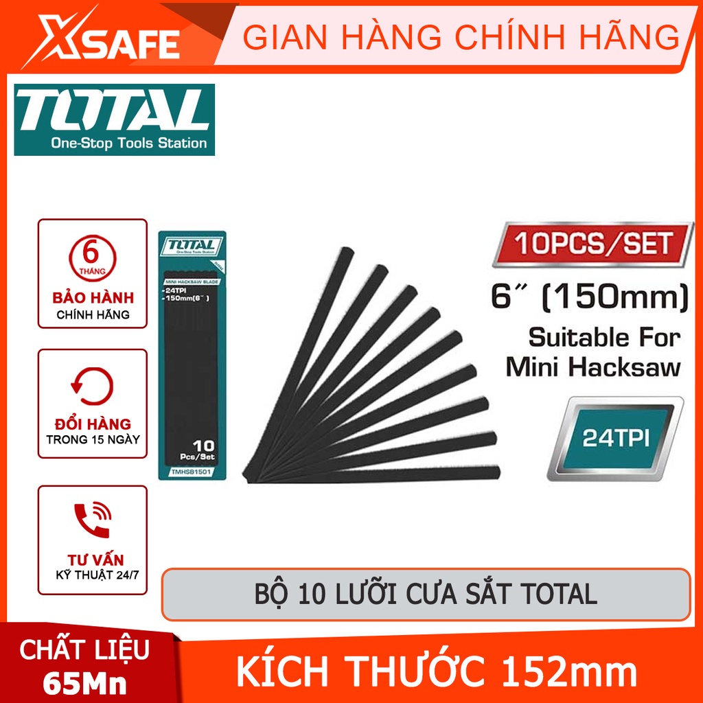 Bộ 10 lưỡi cưa sắt TOTAL TMHSB1501 | lưỡi khung cưa sắt kích thước 152mm, có 24 răng cưa, 10 cái / bộ chất liệu 65Mn