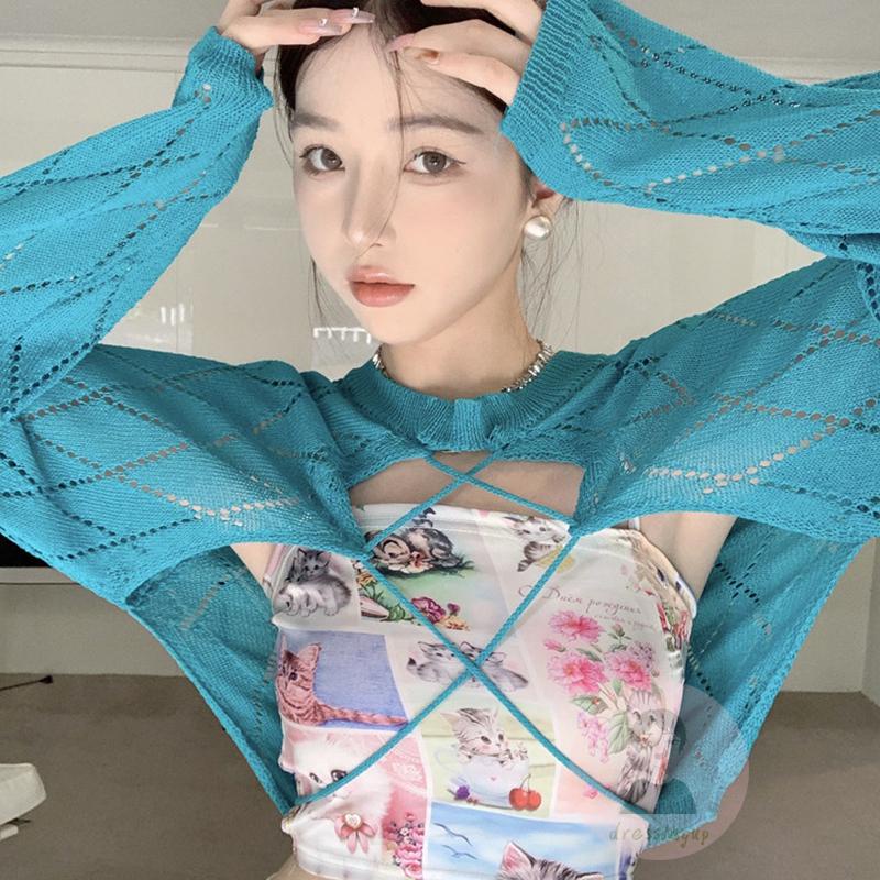 Áo Dệt Kim Tay Dài Cổ Tròn Màu Trơn Thời Trang Cho Nữ