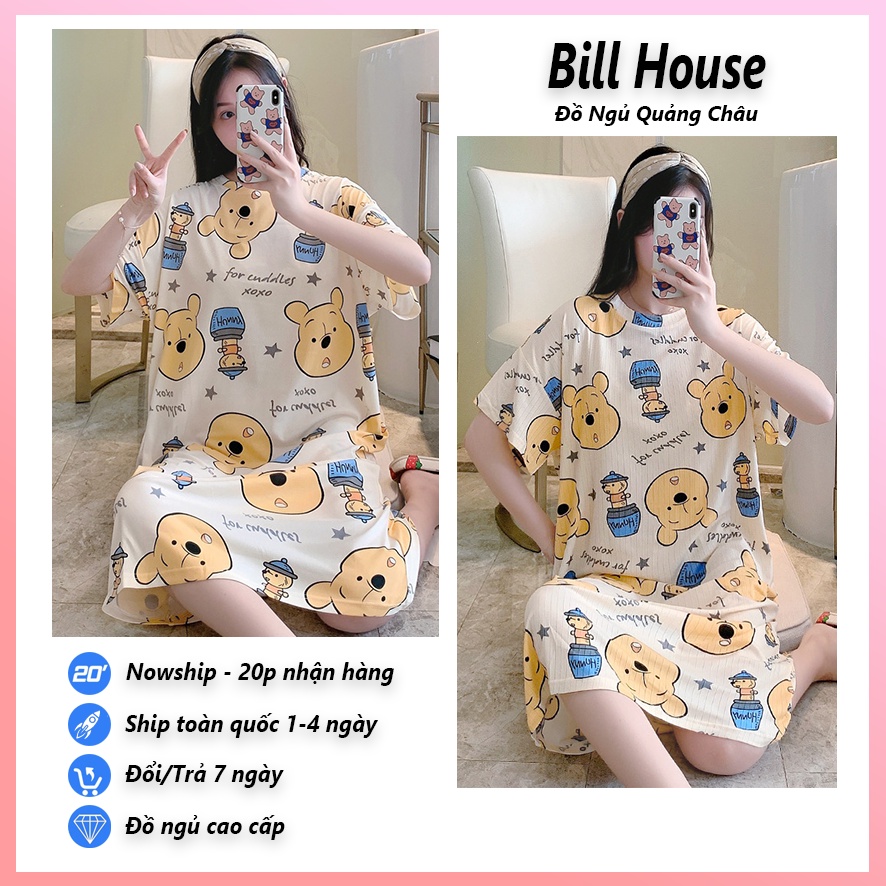 Váy ngủ cộc tay đầm ngủ nữ dễ thương dáng suông bigsize chất gân tăm họa tiết hoạt hình cực xinh VN09