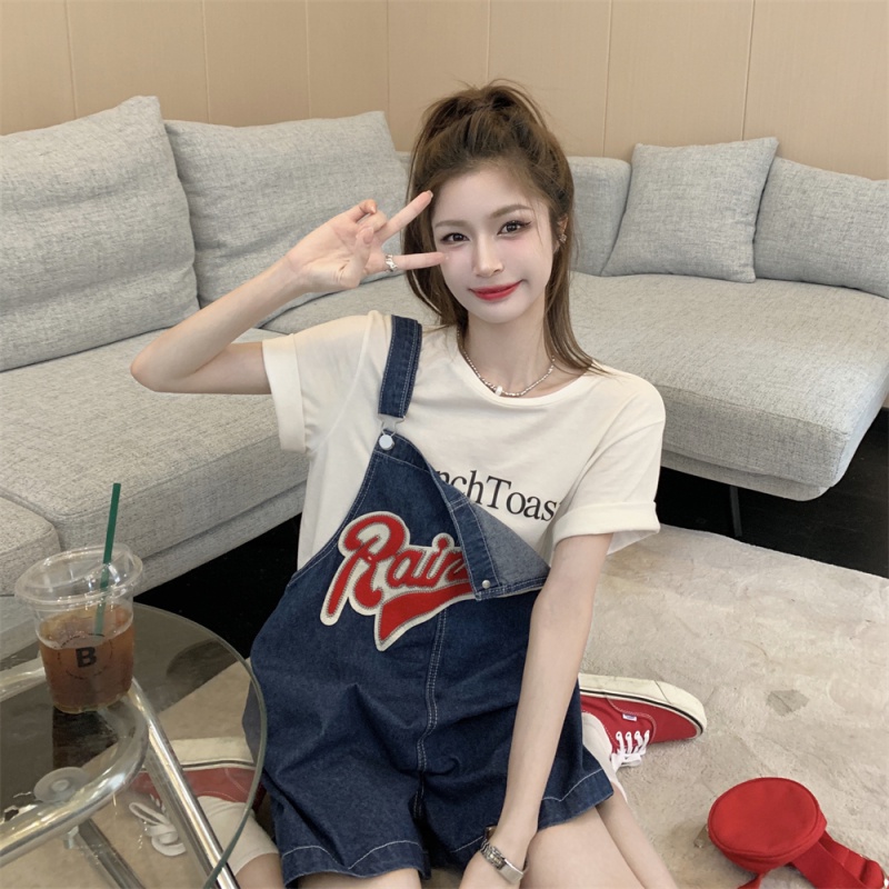 Jumpsuit Denim Thêu Chữ Dễ Phối Đồ Thời Trang Mùa Hè Cho Nữ