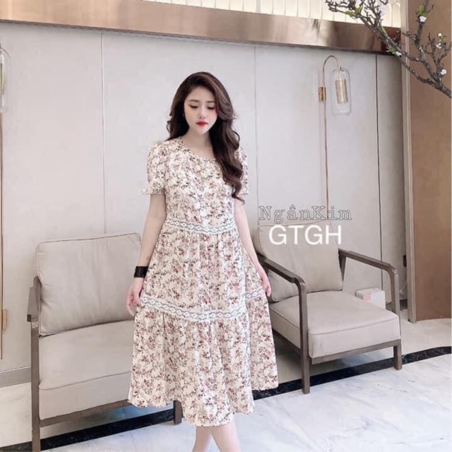 Váy bầu thô hoa nhí lụa ren eo.