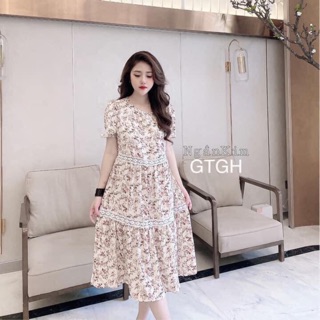 Váy bầu thô hoa nhí lụa ren eo.