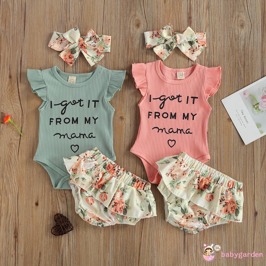 Bộ Áo Liền Quần 3 Món In Chữ Gồm Áo Tay Cánh Tiên + Quần Short Hoa + Băng Đô Cho Bé Gái