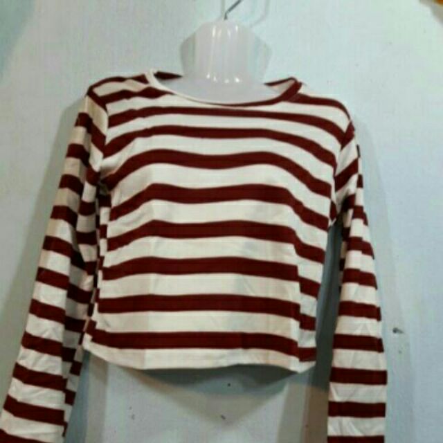 Áo croptop tay dài sọc nâu