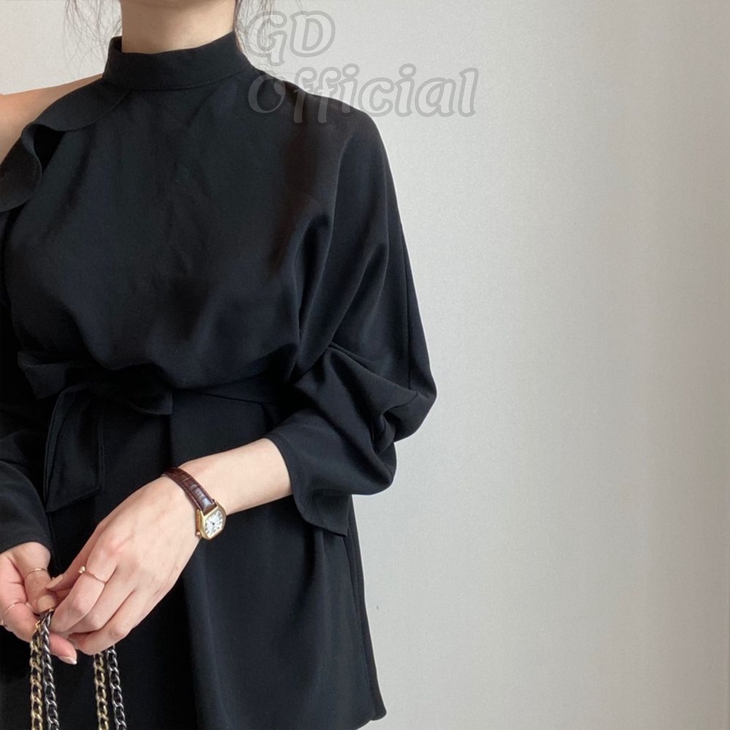 A48|Áo sơ mi voan dài công sở nữ sang trọng tối giản cổ lọ đứng tròn thắt lưng eo dài tay hở vai trắng đen GD Offcial