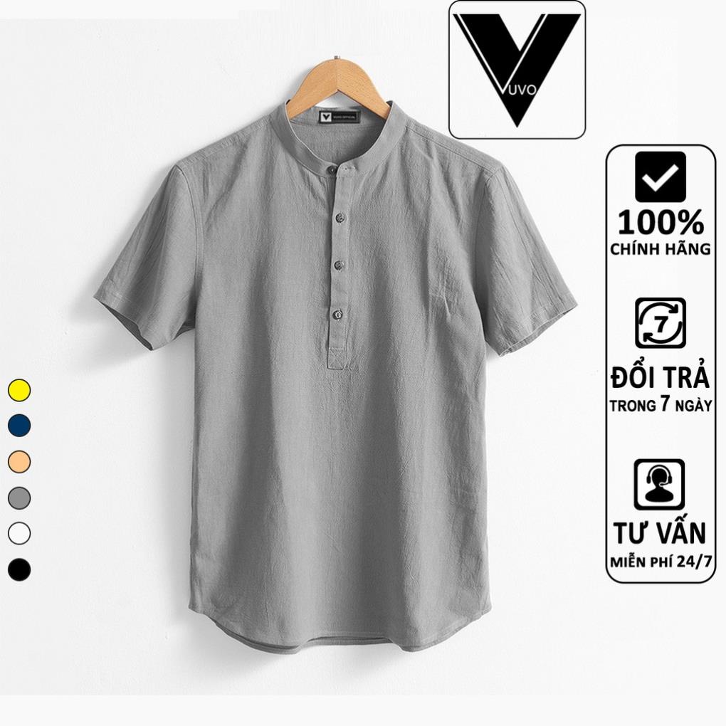 Áo Sơ Mi Đũi Nam Vuvo Official Ngắn Tay Cổ Tàu 4 Khuy Cao Cấp New
