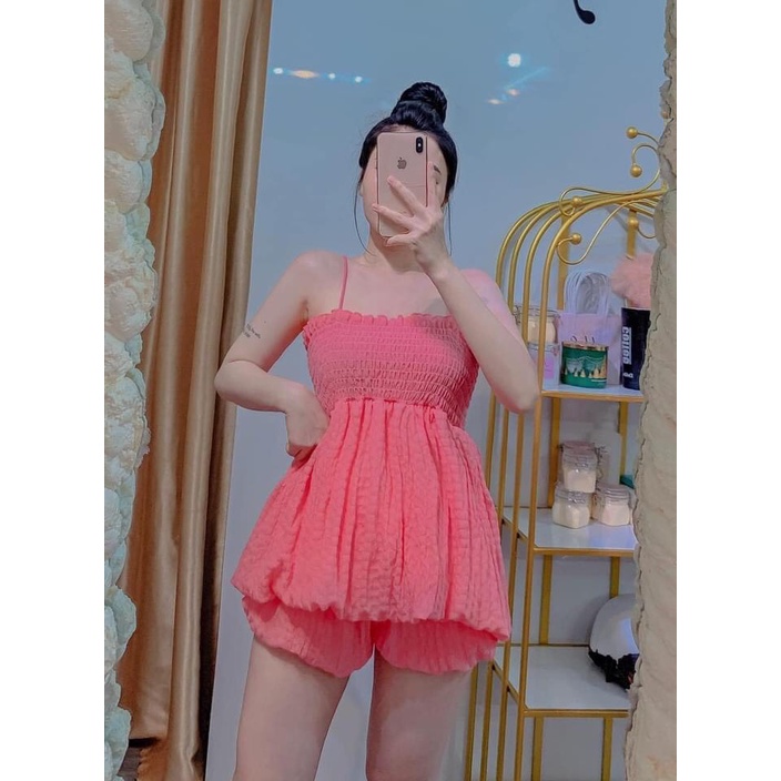 [ Miễn phí ship 2022] Set bộ bầu bí 2 dây xòe, set tiểu thư phồng trơn màu chất xốp nhăn mặc đi chơi, đi biển siêu xinh