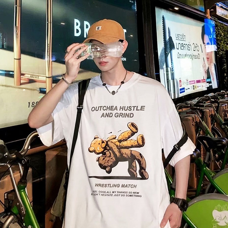 【M-3XL】men's bear printing clothing korean style simple t-shirt unisex