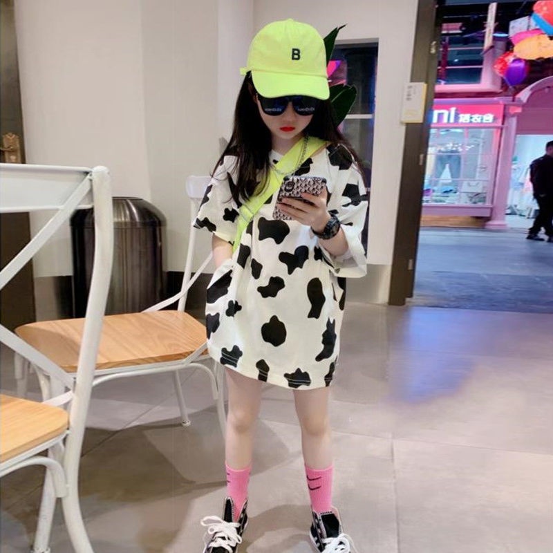 Đầm Thun Cotton Ngắn Tay In Hình Bò Sữa Thời Trang Mùa Hè Hàn Quốc