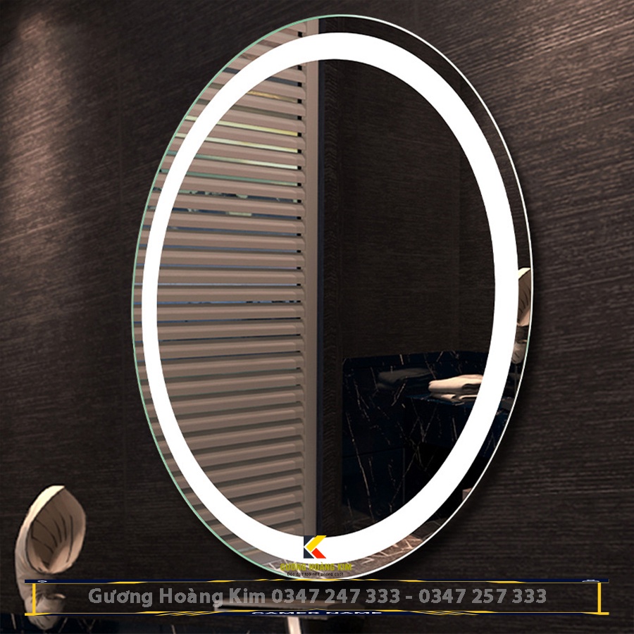 Gương đèn led cảm ứng treo tường oval elip bầu dục nhà tắm phòng wc trang trí makeup 50x70, 60x80cm guonghoangkim HK2001