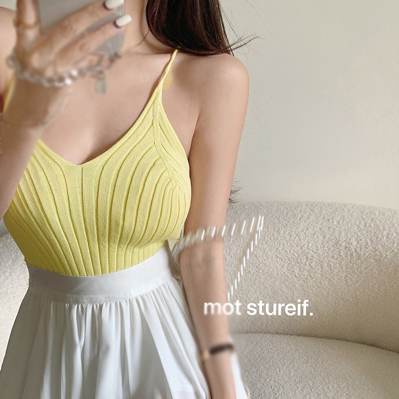 Áo Tank Top Dệt Kim Cổ Chữ V Màu Sắc Đơn Giản Phong Cách Hàn Quốc Cho Nữ | BigBuy360 - bigbuy360.vn