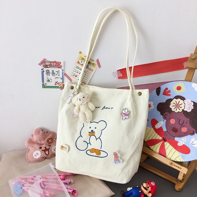 Túi Xách Vải Nhung Kẻ Đeo Vai Kích Thước Lớn Họa Tiết Hoạt Hình Dễ Thương Tươi Mới Phong Cách Nhật Hàn Dành Cho Nữ Sinh