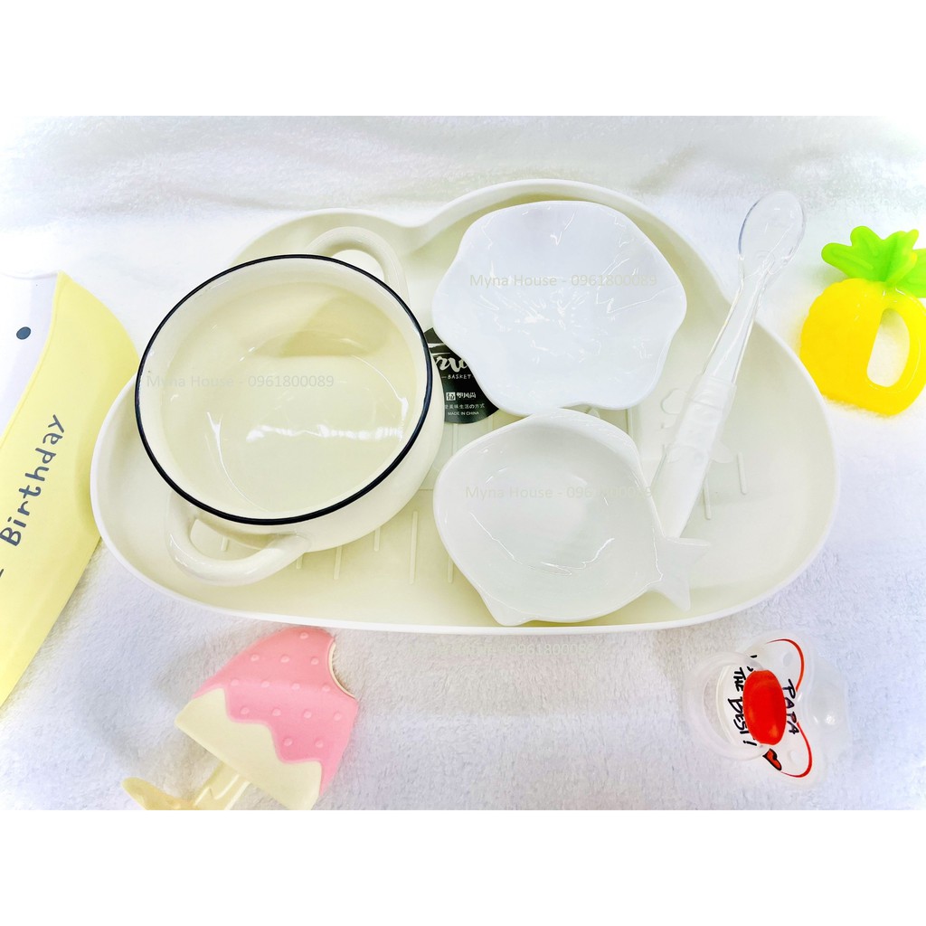 Combo 5 món khay ,thìa , bát sứ ăn dặm cho bé siêu cute màu trắng - nhiều mẫu