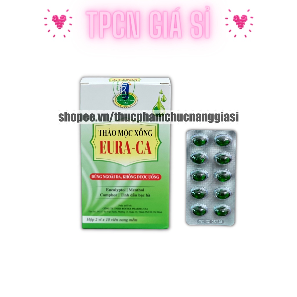 Viên xông thảo mộc, tinh dầu EURA CA tinh dầu bạc hà, hỗ trợ giảm cảm cúm, thông mũi, họng – Hộp 20 viên
