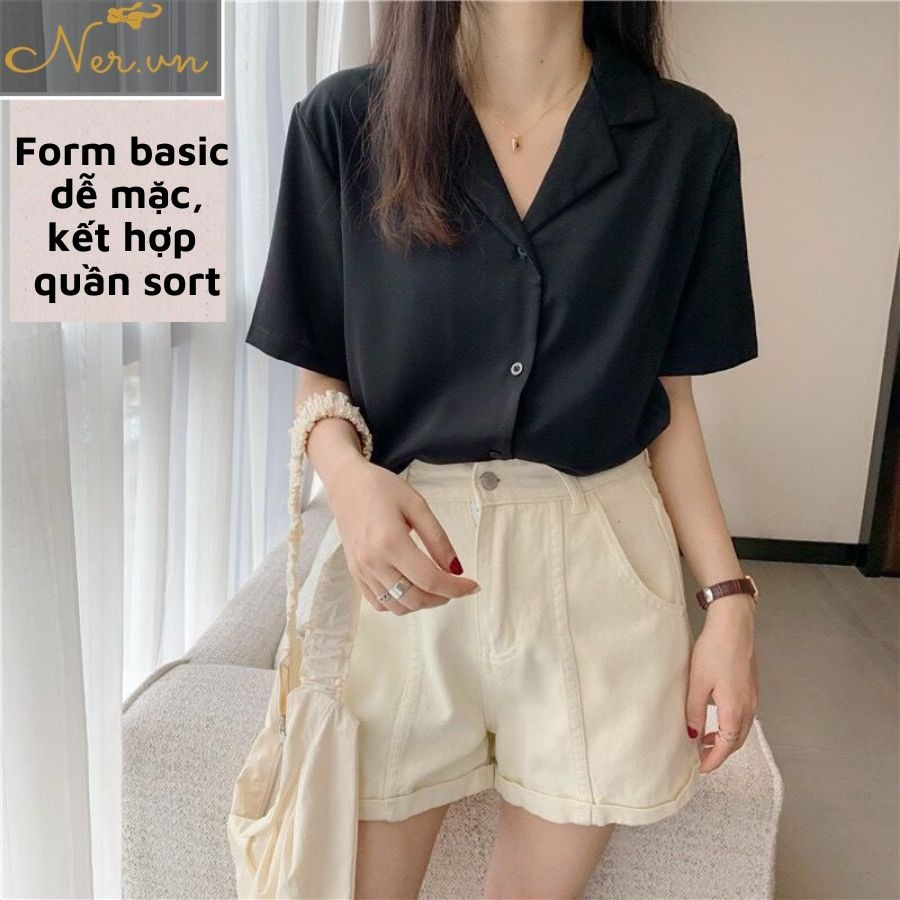 Áo sơ mi nữ form rộng công sở kiểu tay ngắn lỡ cổ vest Hàn Quốc chất lụa tơ hàn form Basic hàng cao cấp NER N109