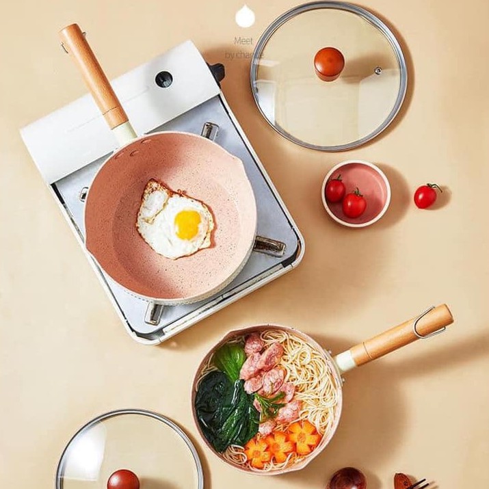 Chảo đá nấu đồ ĂN DẶM cho bé chống dính cao cấp size 18 xuất Nhật Chảo chống dính đáy từ sâu lòng phủ ceramic vân tổ ong