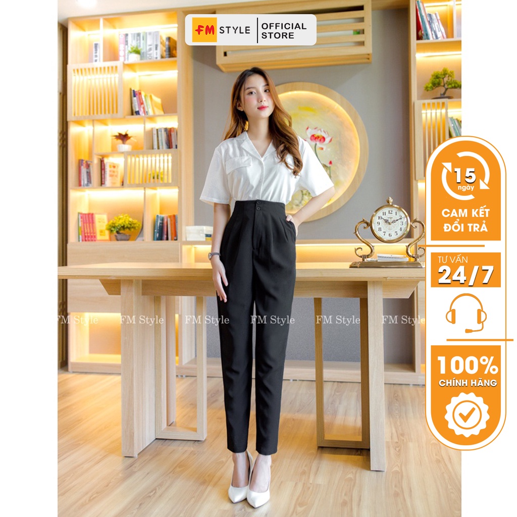 Quần tây nữ lưng cao FM Style baggy đen công sở cạp 2 khuy chất tuyết mưa vitex đi làm đi học 210812310