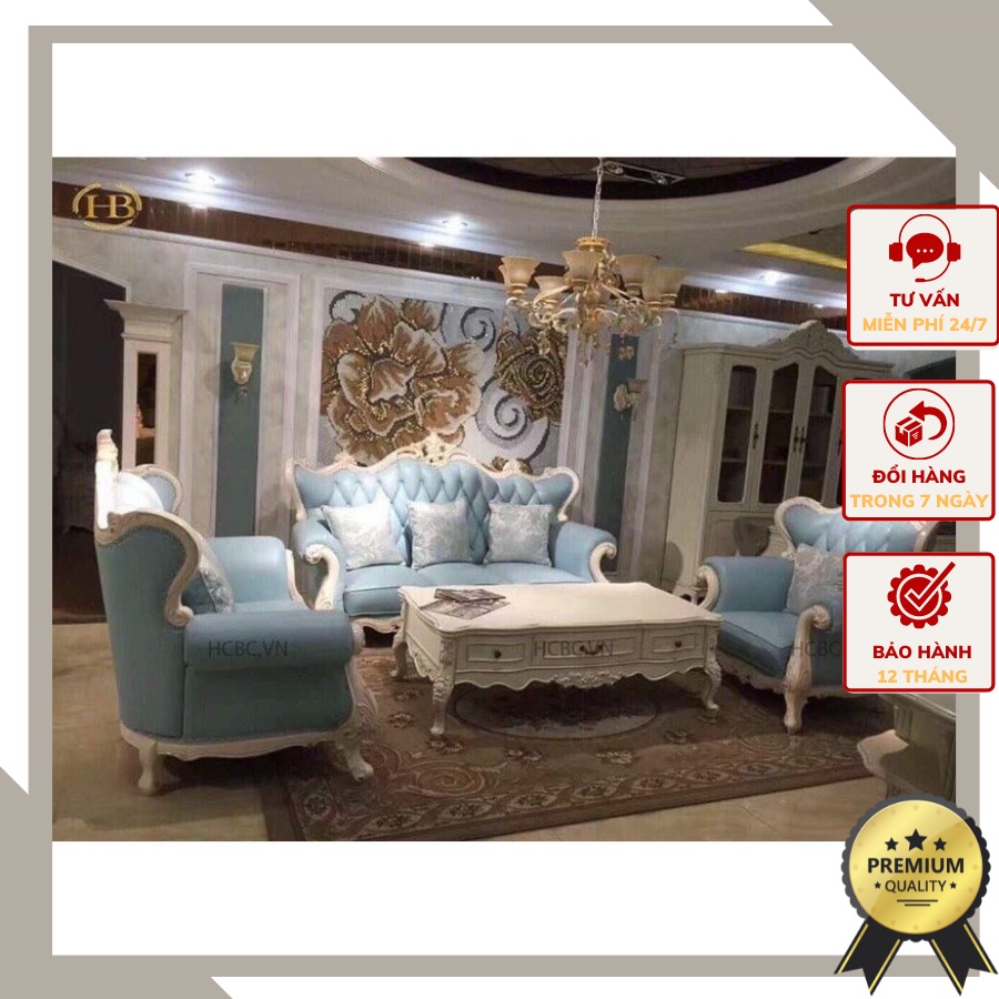 Sofa tân cổ điển nhập khẩu khung trắng da xanh - 8007 Sofa-YDF