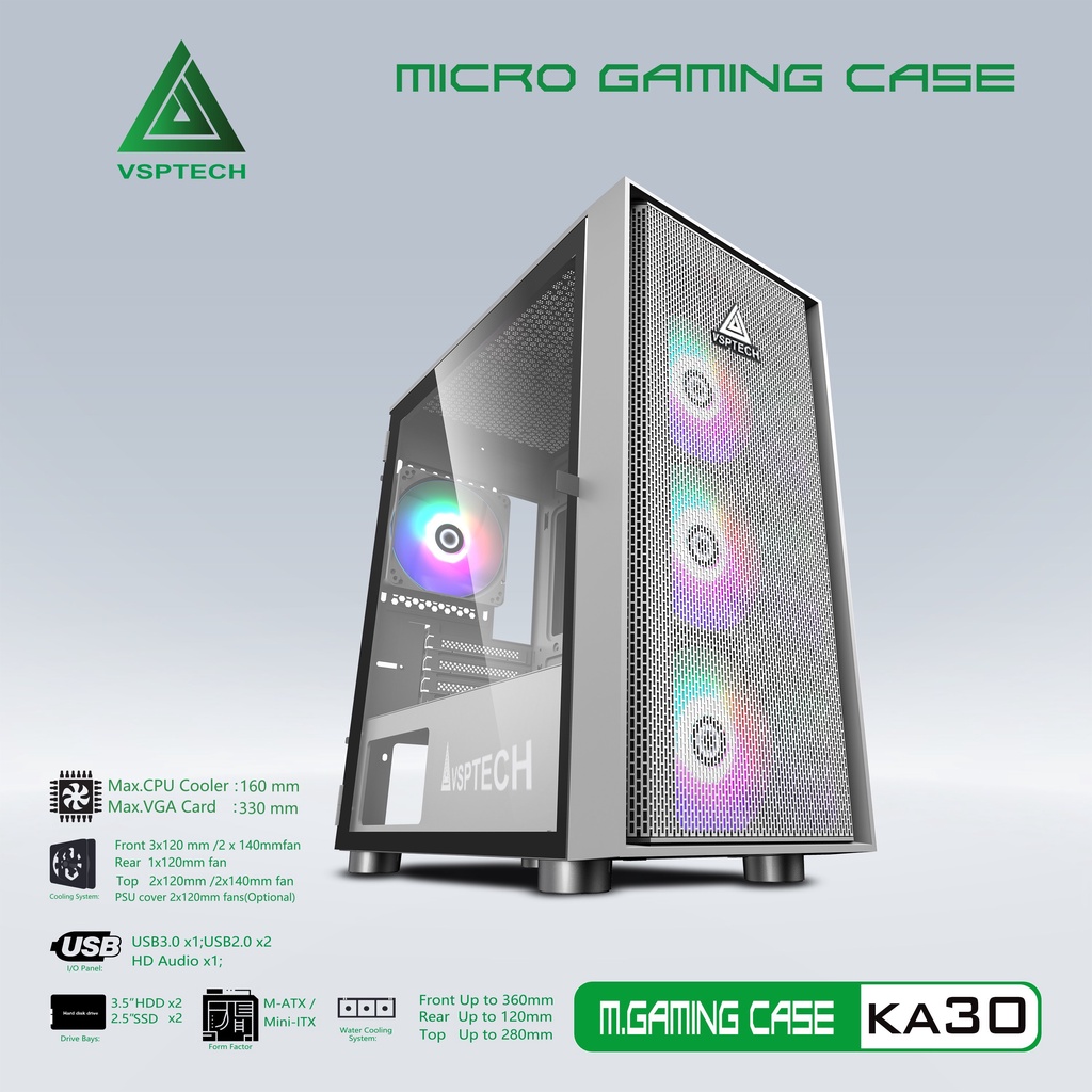 Case Gaming VSP KA30 Mini Tower (Màu Đen-Trắng-Hồng- Xanh)