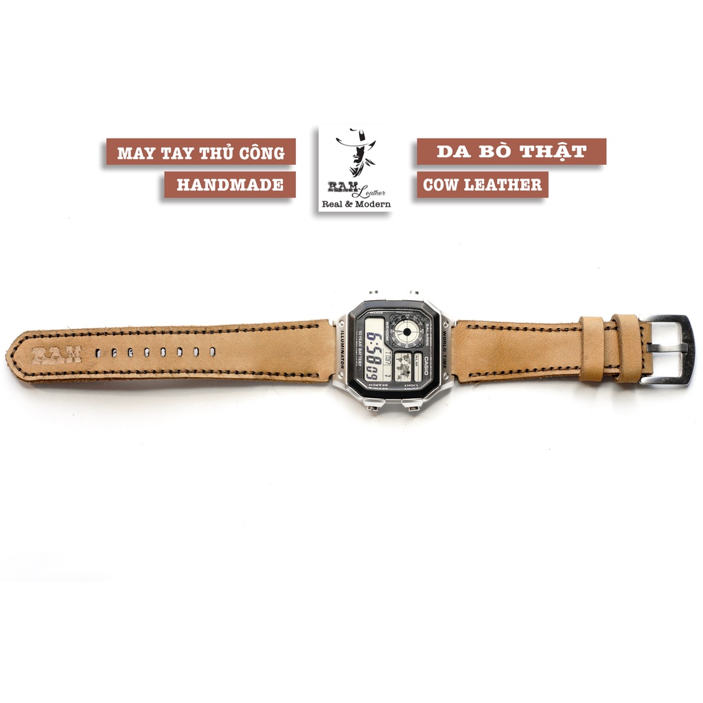 Dây đồng hồ RAM Leather 1983 cho CASIO 1200, AE 1200, 1300, 1100, A159 , A168 , Size 18 da bò thật nâu sáng