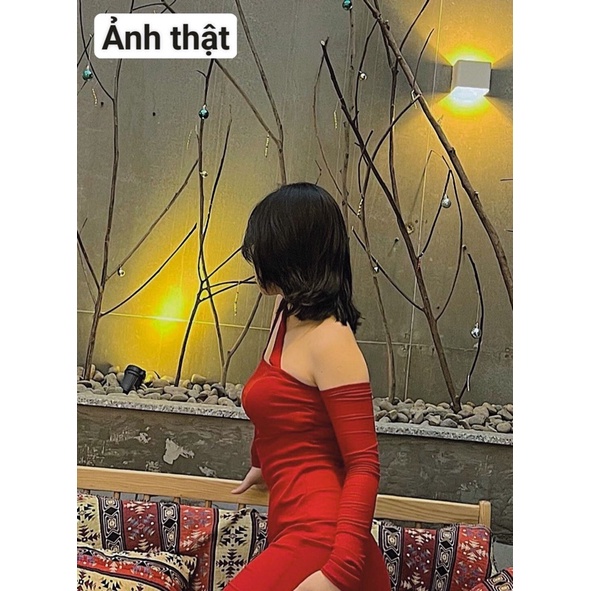 [FREESHIP] Đầm ôm body len gân cách điệu ở cổ một dây chéo màu đỏ Noel Tết kiểu dáng ulzzang ôm body siêu đẹp siêu đỉnh