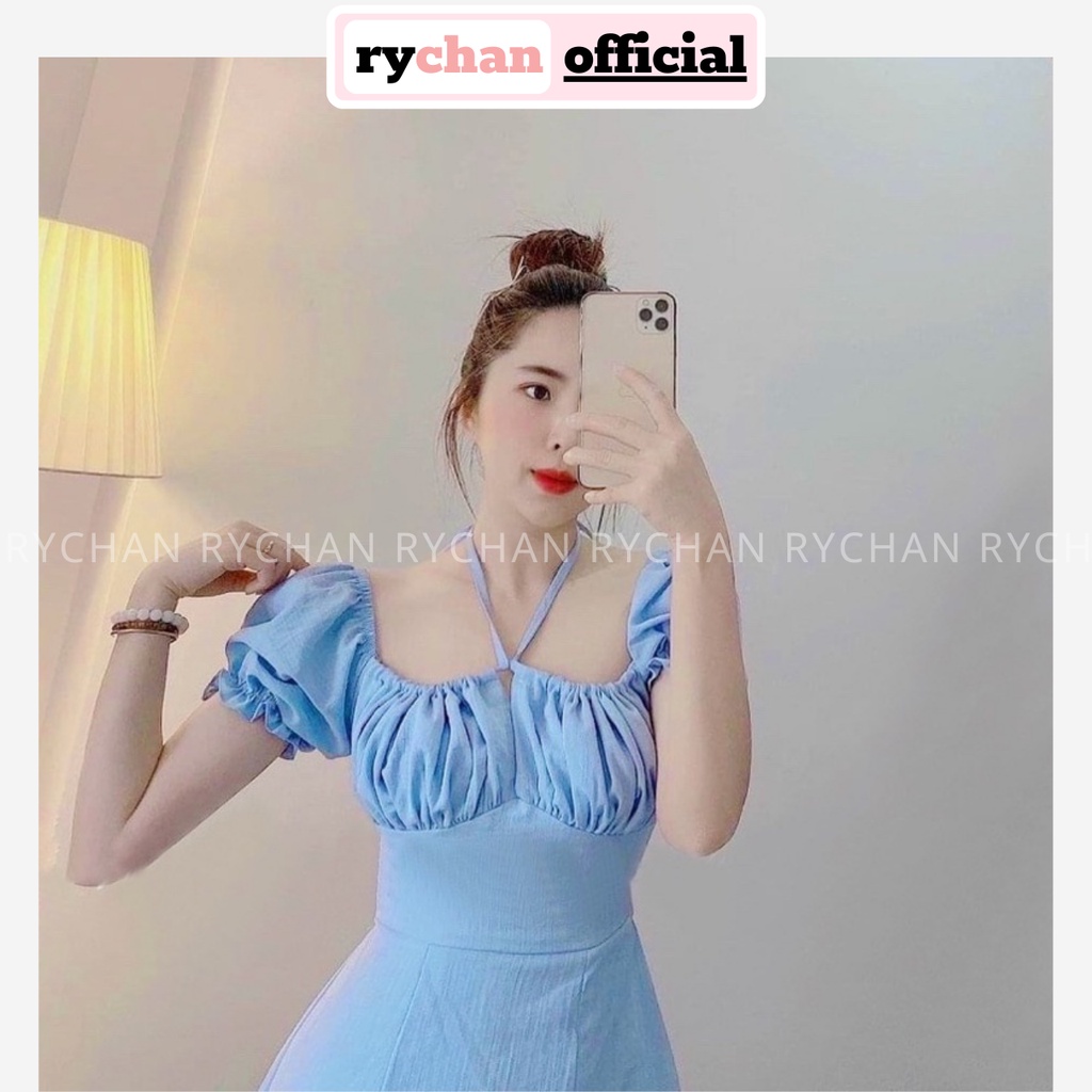 Đầm Du Lịch Biển Nữ Dáng Dài Mặc Được 2 Kiểu Cổ Vuông Tay Phồng Nhún Ngực Sang Trọng Màu Xanh [ẢNH THẬT CUỐI] - DX9924