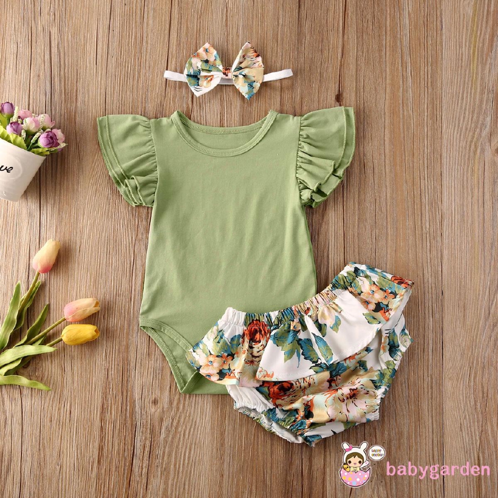 ღ♛ღBaby Girls Outfits 3-piece Set Fashion Flying Sleeve Jumpsuit + Floral Shorts + Bow Headband Set