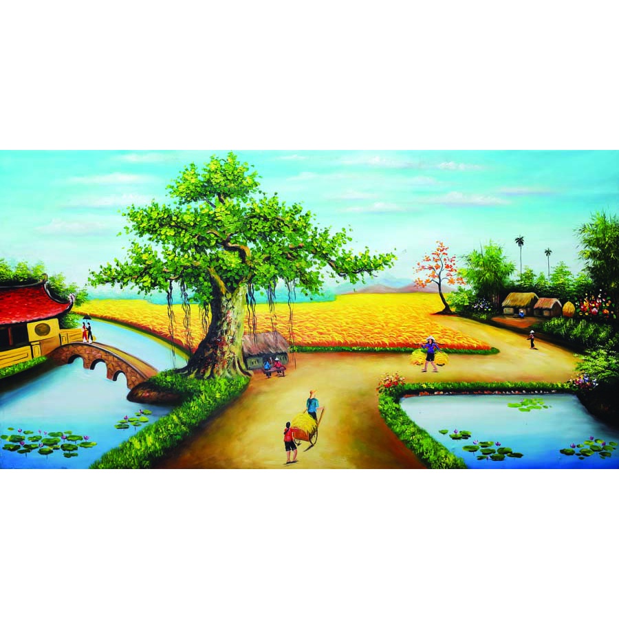 Tranh Dán tường 3D Phong Cảnh Làng Quê chân thực, mộc mạc, yên bình, thanh bình