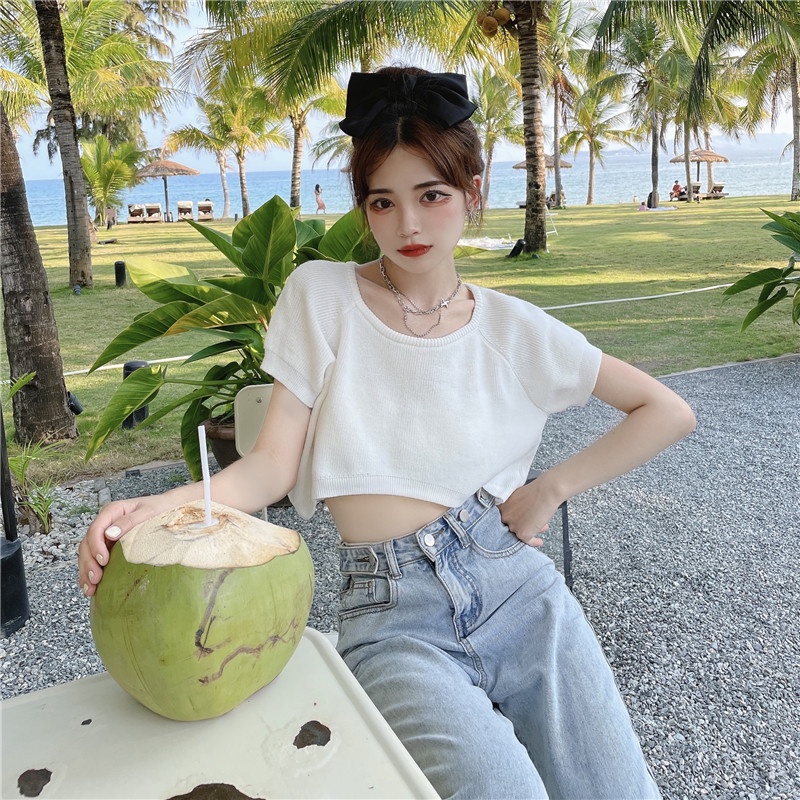 Áo thun XIAOZHAINV kiểu croptop dệt kim tay ngắn cổ tròn dáng rộng thời trang mùa hè dành cho nữ