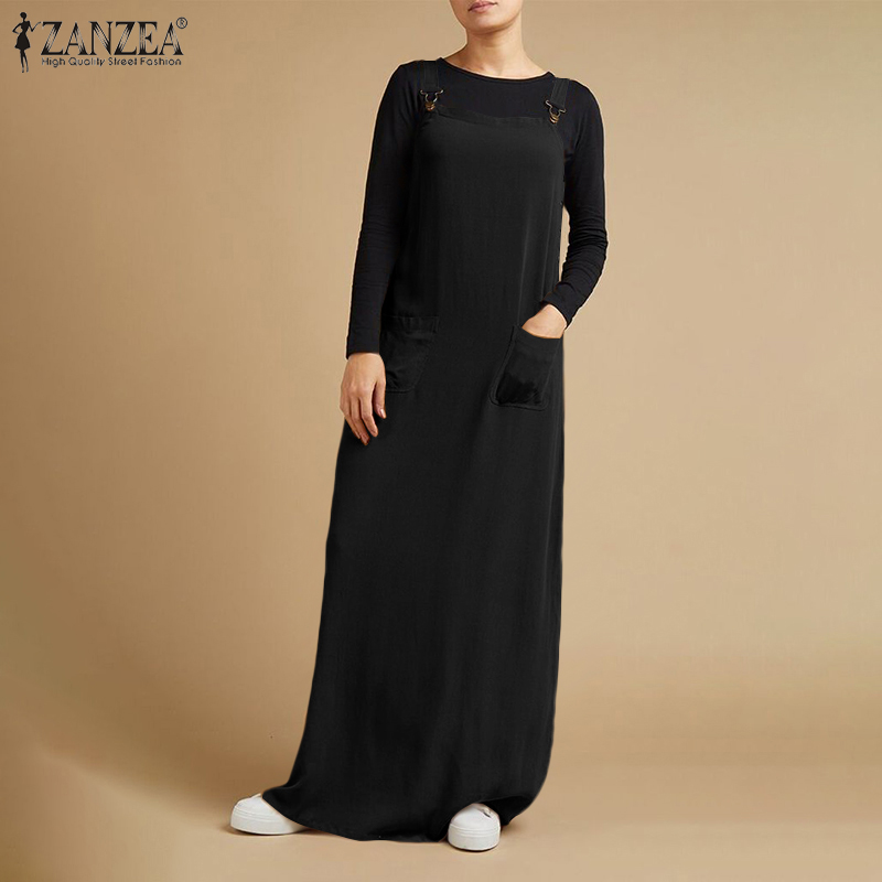 Đầm Maxi ZANZEA Hai Dây Dáng Rộng Cổ Vuông Màu Trơn Thời Trang Cho Nữ
