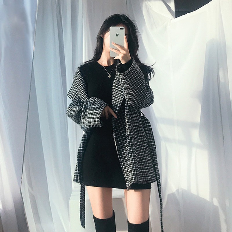 Áo khoác kiểu nữ dạ kẻ caro cổ vest 2 lớp dày ấm kèm đai thắt nơ phong cách Hàn Quốc Sollle