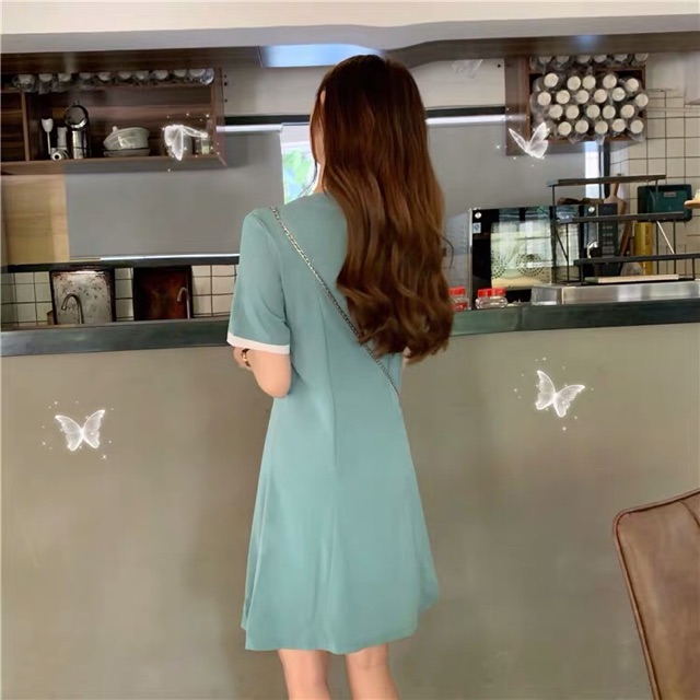 (Order) bigsize M-4XL Đầm cổ V viền trắng phối cúc cách điệu độc đáo thanh lịch tone màu xanh/hồng pastel