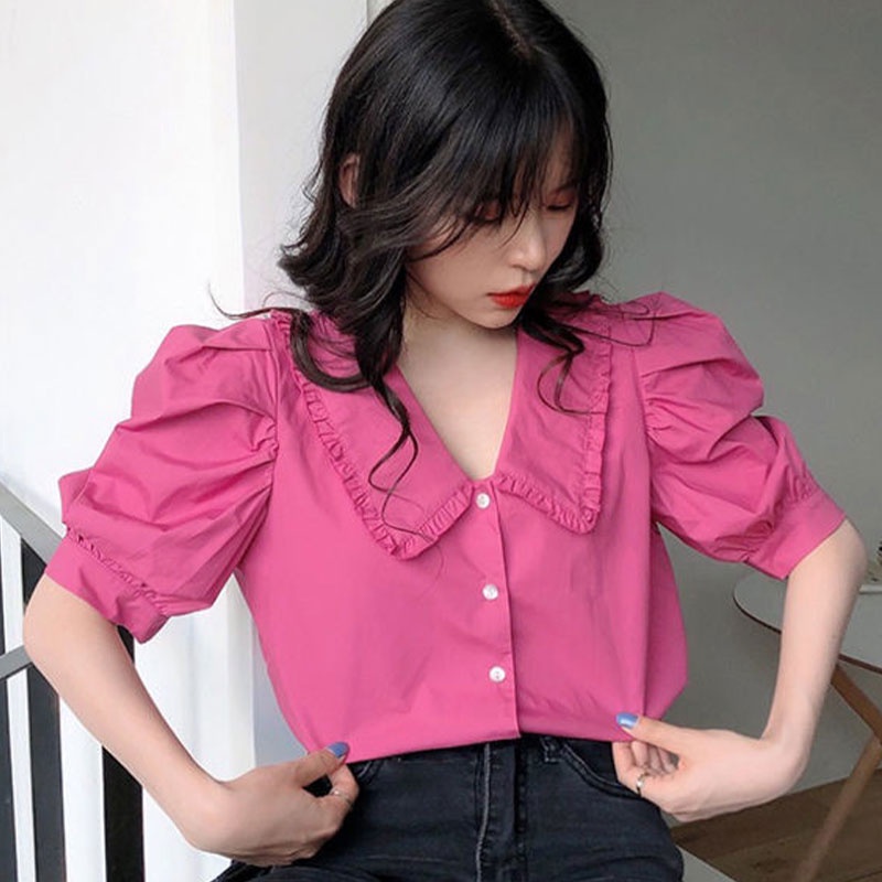 Áo sơ mi XINLANYASHE chiffon tay ngắn kiểu phồng cho nữ