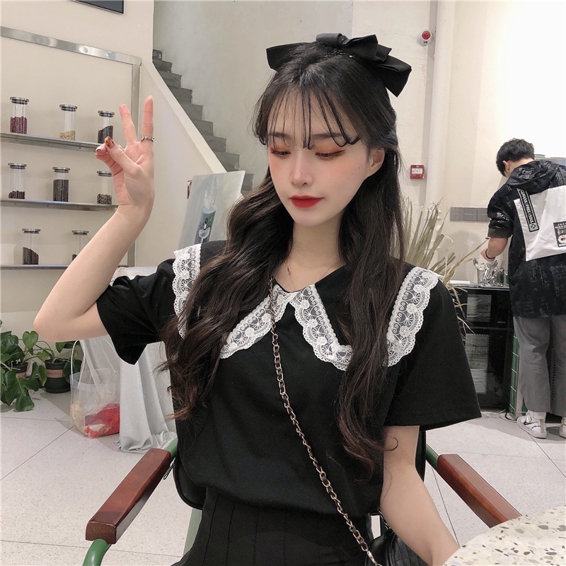 Áo Thun Tay Ngắn Dáng Rộng Cổ Búp Bê Phối Ren Phong Cách Hàn Quốc Xinh Xắn Cho Nữ