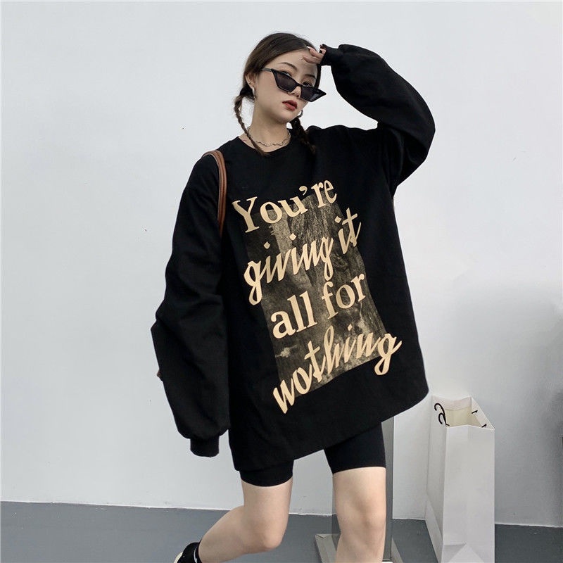 COZOK Áo sweater Tay Dài Dáng Rộng In Chữ Thời Trang