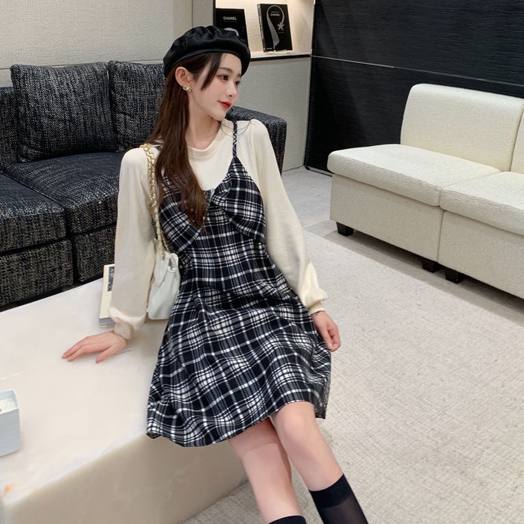 Đầm Tay Phồng Giả Hai Lớp Họa Tiết Sọc Caro Thời Trang Mùa Thu Cho Nữ