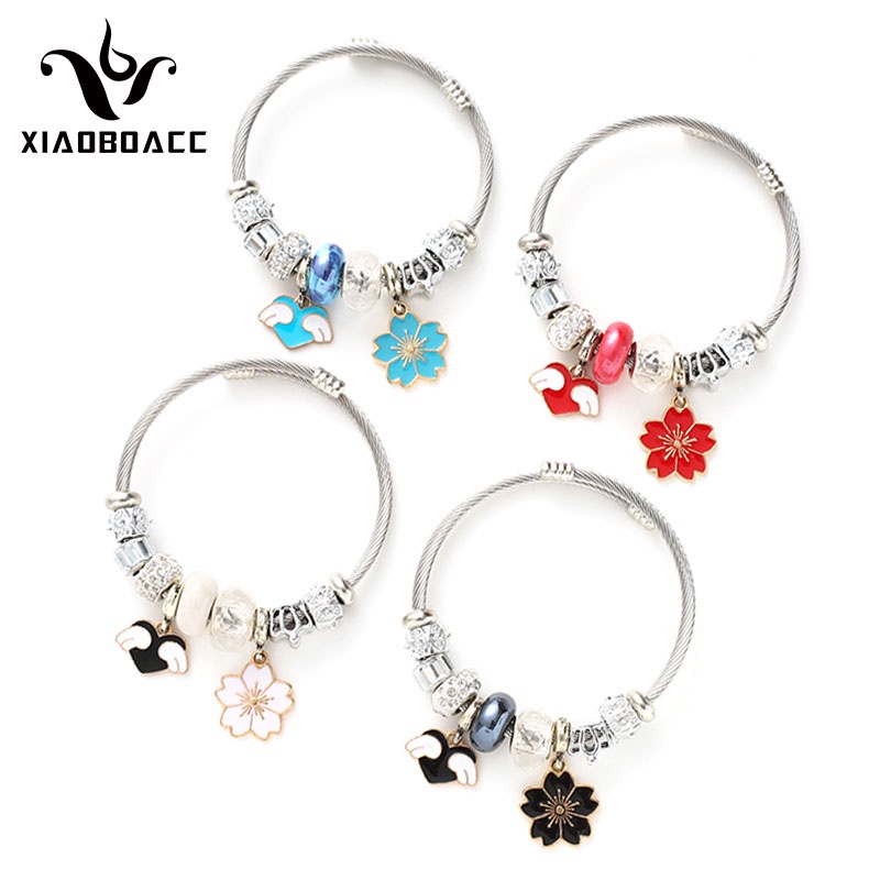 XiaoboACC Vòng Tay Chuỗi Hạt Bằng Thép Không Gỉ Phối Mặt Hình Đôi Cánh Thời Trang Cho Nữ Tùy Chọn Màu Sắc