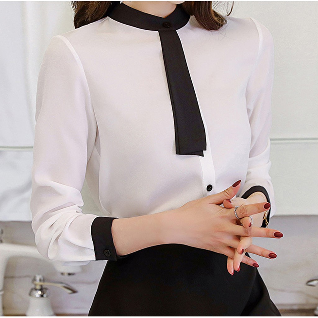 Women Work Office Slim Fit Long Sleeve Solid Chiffon Plus Shirt Top