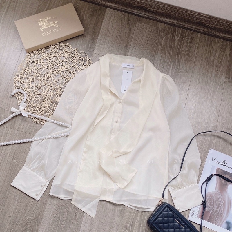 Áo Sơ Mi Dài Tay Nữ Form Rộng Vải Tơ 2 Lớp Thắt Nơ Công Sở