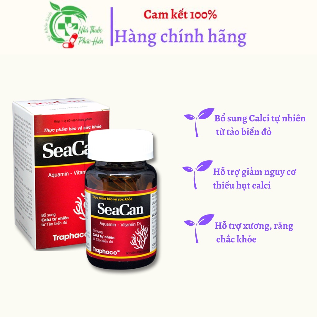 Seacan Bổ sung canxi hữu cơ từ tảo biển và vitamin D3 Magie của Traphaco, giảm loãng xương, tăng chiều cao - Lọ 60 viên