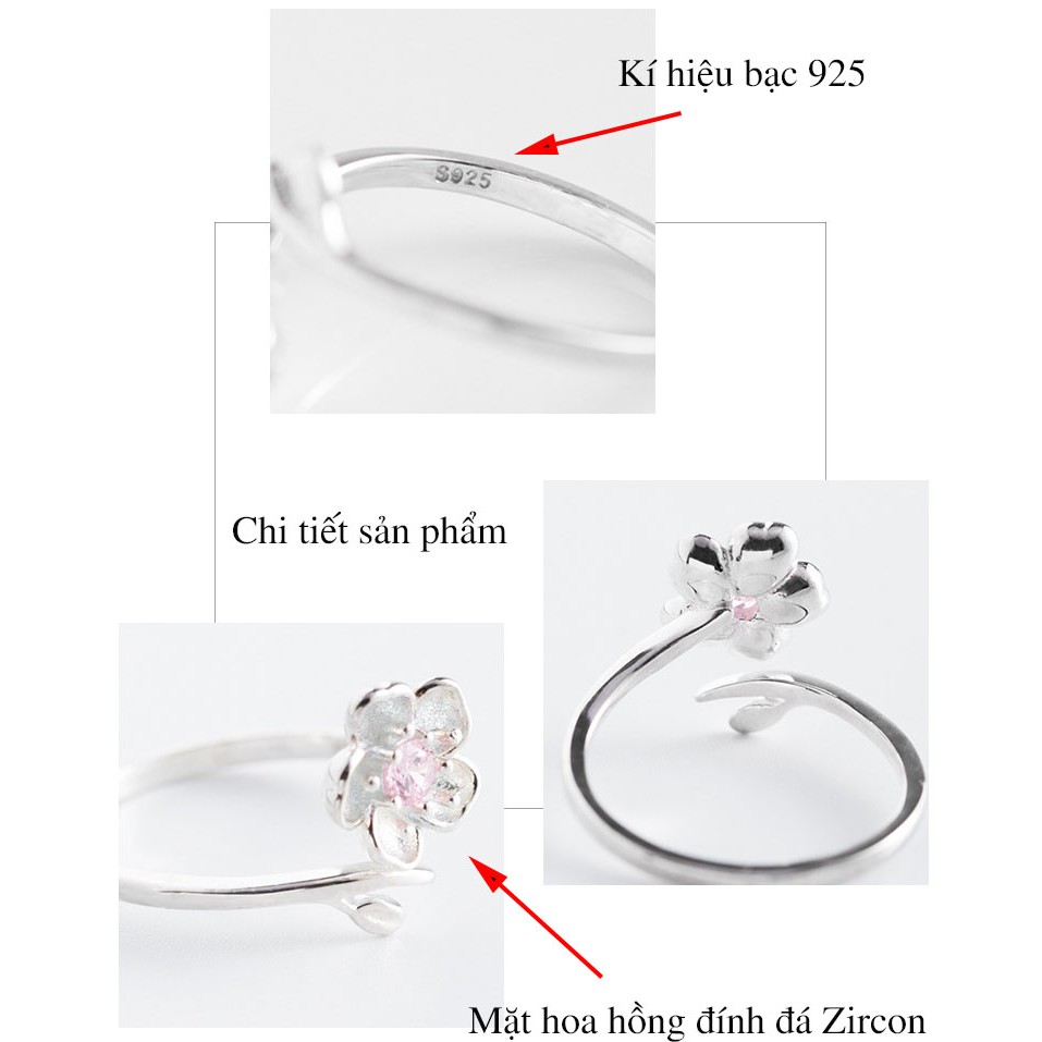 Nhẫn bạc nữ Freesize,tự điều chỉnh Size,phù hợp mọi kích thước tay cánh hoa hồng C061 - AROCH Jewelry