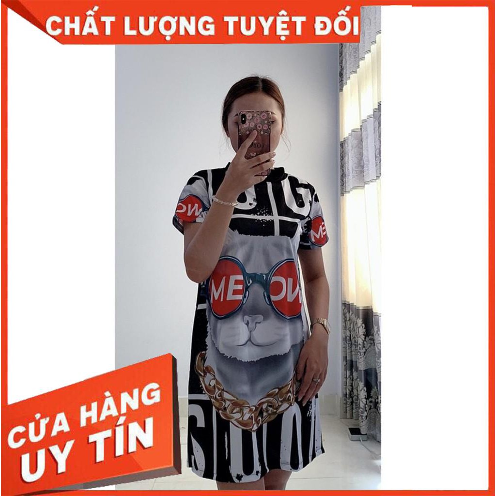 ĐẦM SUÔNG CỔ TRÒN IN HÌNH MÈO ĐEO KÍNH TAY NGẮN - XƯỞNG MAY 99K
