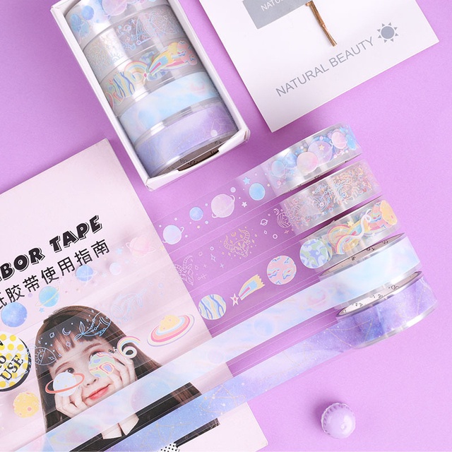 5 Cuộn băng dán washi họa tiết hoạt hình dễ thương trang trí đồ thủ công