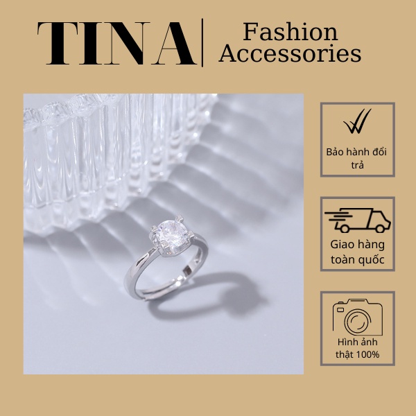 N001 Nhẫn Nữ Bạc 925 Trơn Đá Chủ 5 Ly Lấp Lánh, Nhẫn Titan Hở Có Thể Điều Chỉnh.