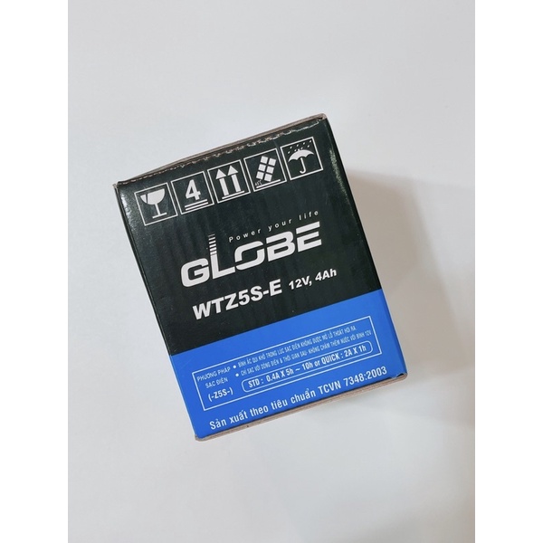 Bình ắc quy 12V 4Ah, bình điện xe máy GLOBE WTZ5S-E  sử dụng xe tay ga đời cũ ko idling stop và xe số đời….