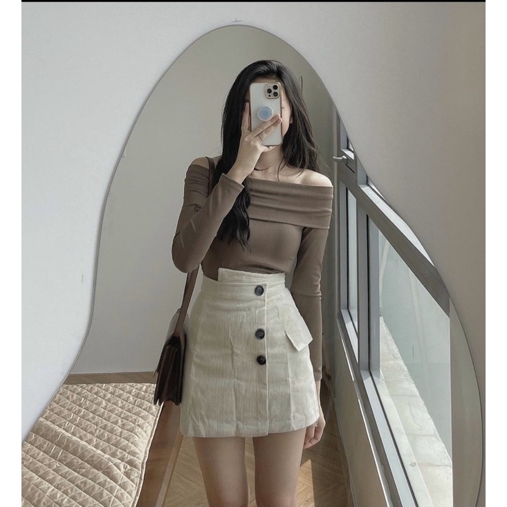 Set Áo Len Trễ Vai Mix Chân Váy Nhung Tăm